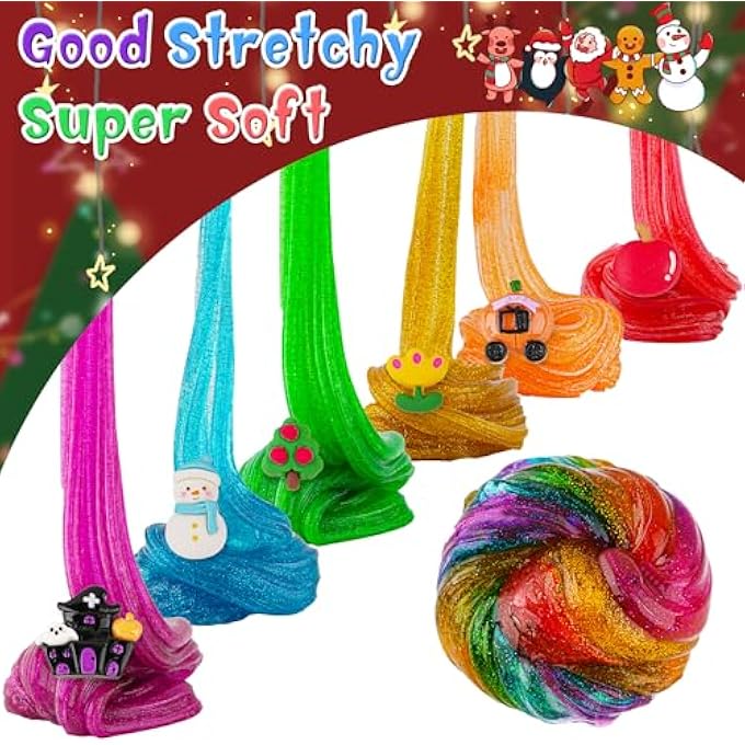 Okaybee 6 PACK GLITTER CRUNCHY SLIME KIT, RAINBOW SLIME FOR KIDS, WITH CUTE SLIME CHARMS & ADD-INS, SLIME PARTY FAVORS SENSORY TOYS, HOLIDAY BIRTHDAY EASTER HALLOWMAS CHRISTMAS GIRLS GIFT & BOYS GIFT - Image 4